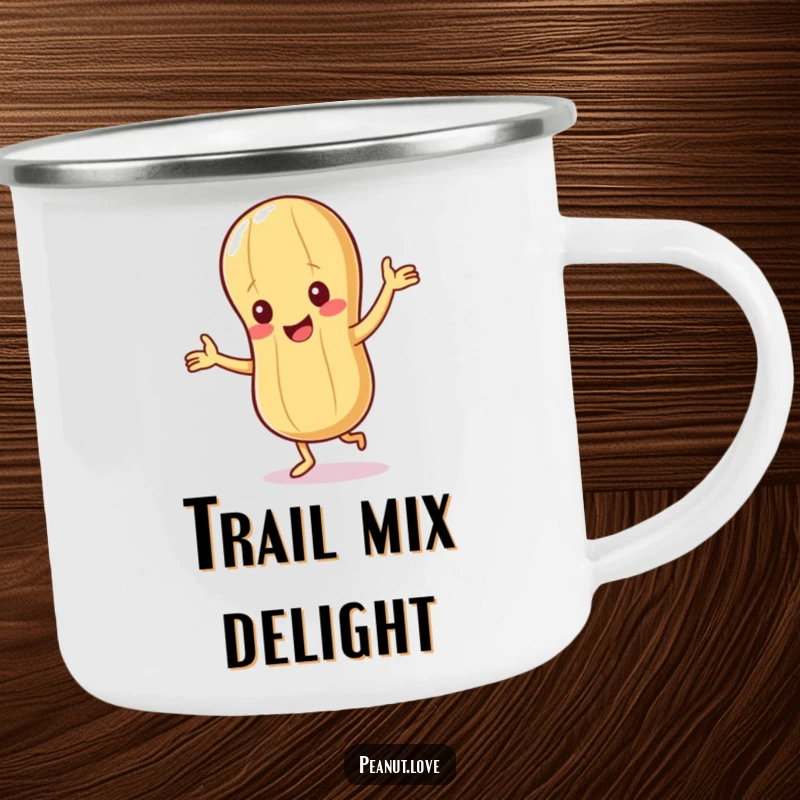 Funny Peanut Camping Mug: An enamel cup with a giggling peanut character doing a happy dance, perfect for outdoors.