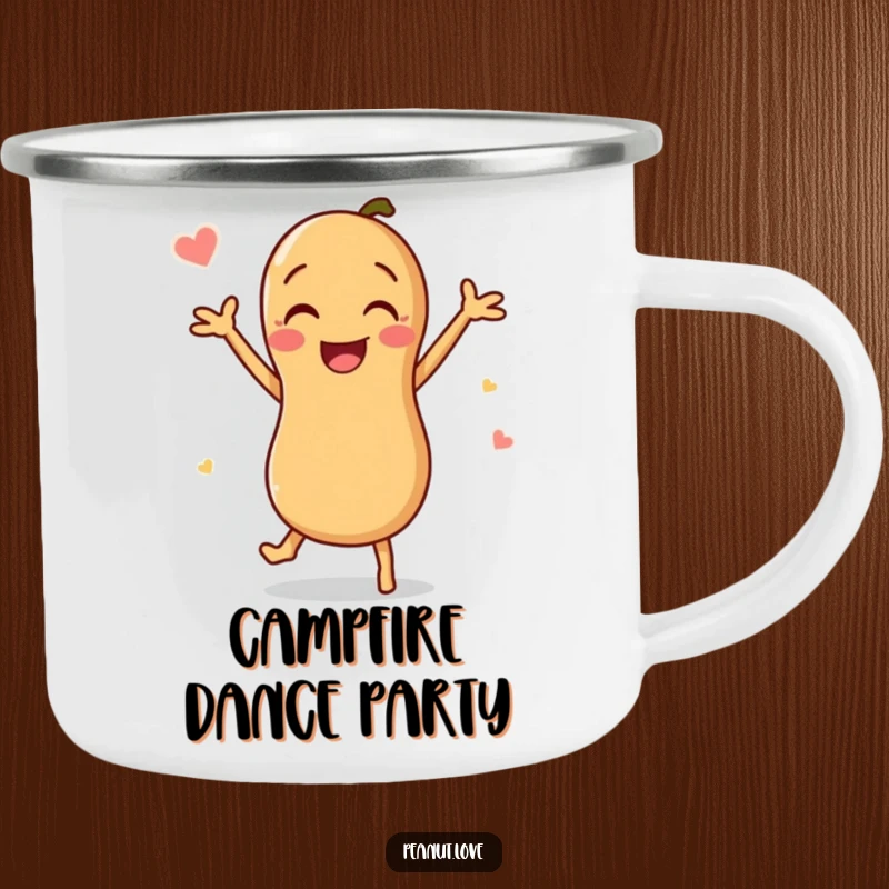 Funny Peanut Camping Mug: A happy peanut character is depicted joyfully dancing, ready for your favorite beverage in the outdoors.
