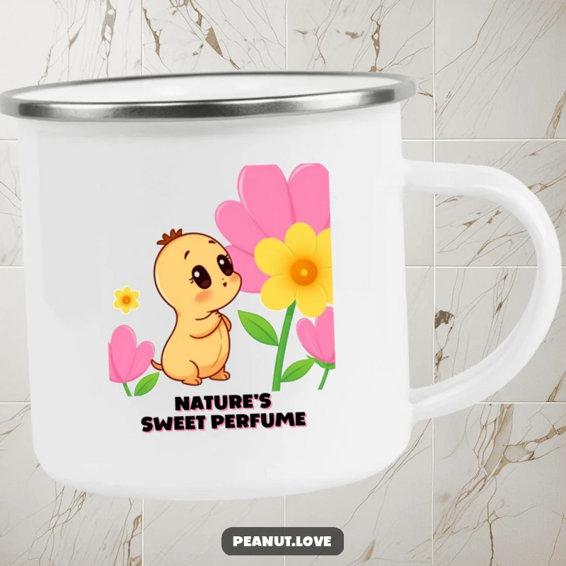 Funny Peanut Camping Mug: A curious peanut character is shown sniffing a flower, ready for your outdoor beverage.