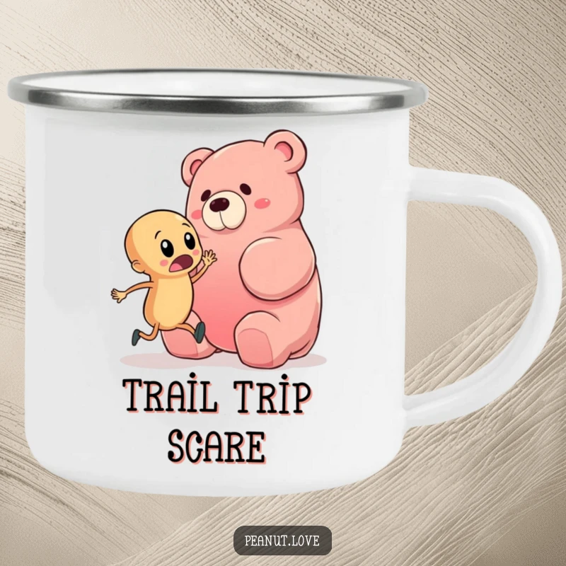 Funny camping mug showcasing a startled peanut character about to trip over a giant gummy bear, perfect for adding humor and amusement to outdoor activities.