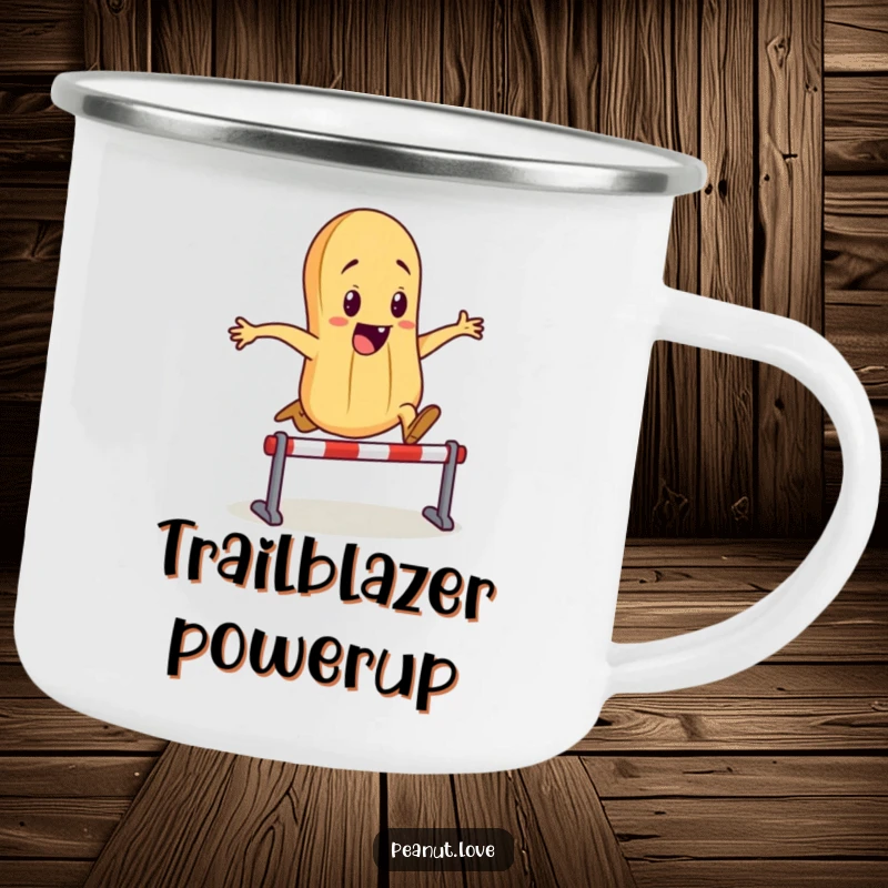 Funny camping mug showing an athletic peanut character energetically leaping over a small hurdle, perfect for outdoor fun and humor.