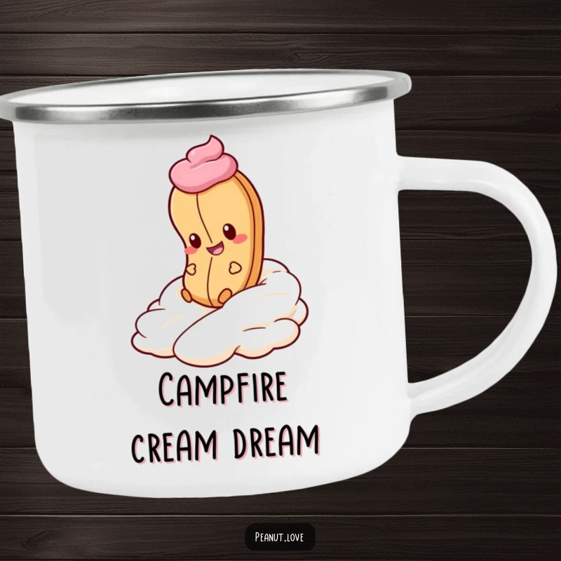 Funny Peanut Whipped Cream Camping Mug: A peanut gleefully rolls down whipped cream. Outdoor dessert fun, funny gift.