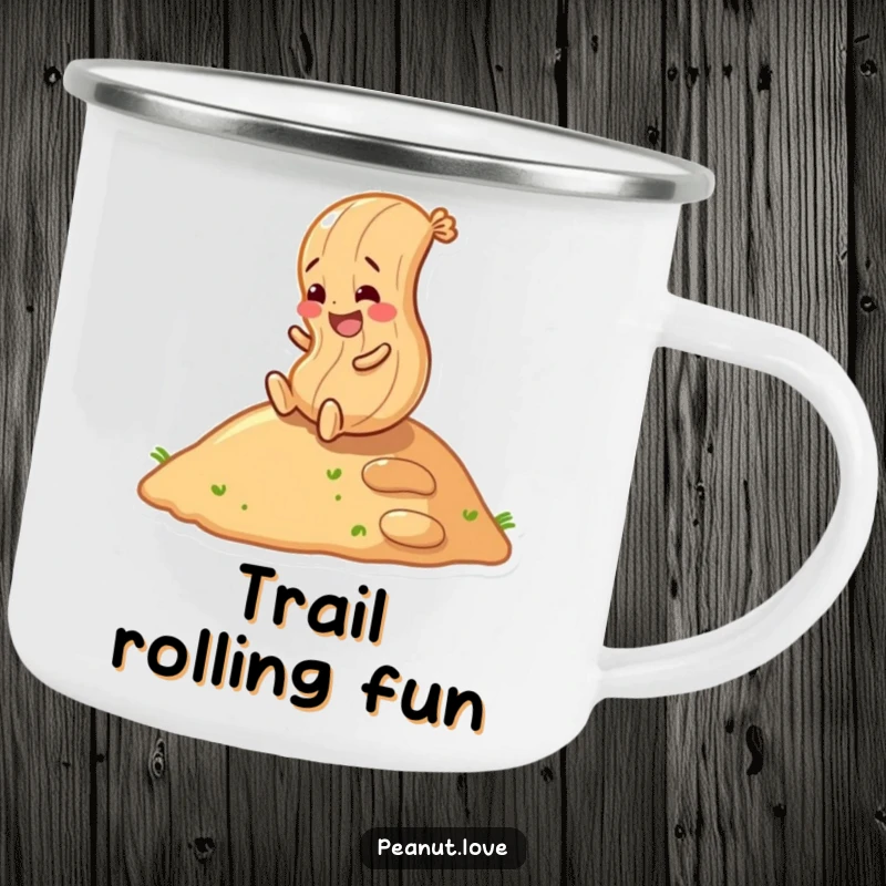 Funny peanut character rolling down a hill with glee, on a durable camping mug, outdoor fun design.