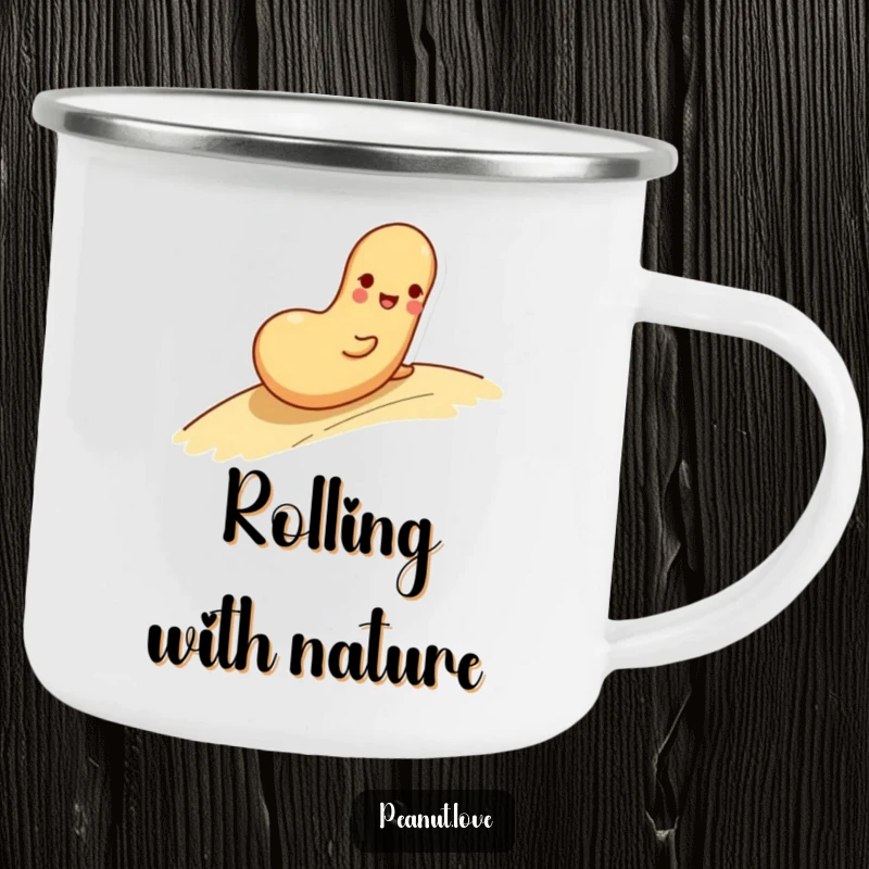 Funny camping mug with a playful peanut character rolling down a gentle slope with a happy expression.
