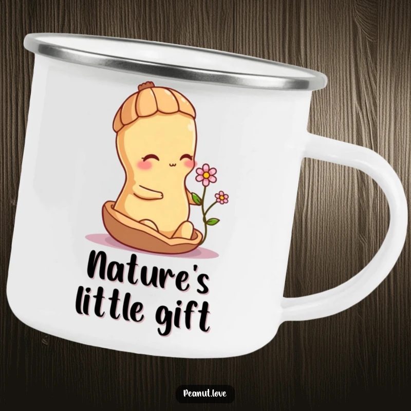 Funny shy peanut character offering a small flower from its shell, on a durable camping mug.