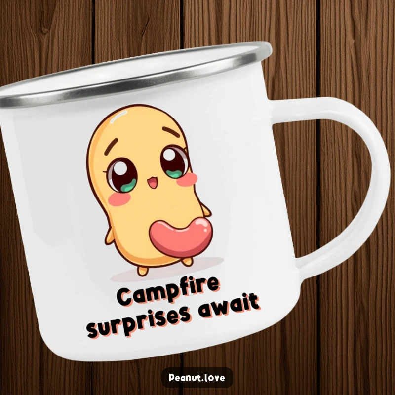 Funny camping mug with an excited peanut character wide-eyed at a falling jellybean, a humorous and practical outdoor companion.