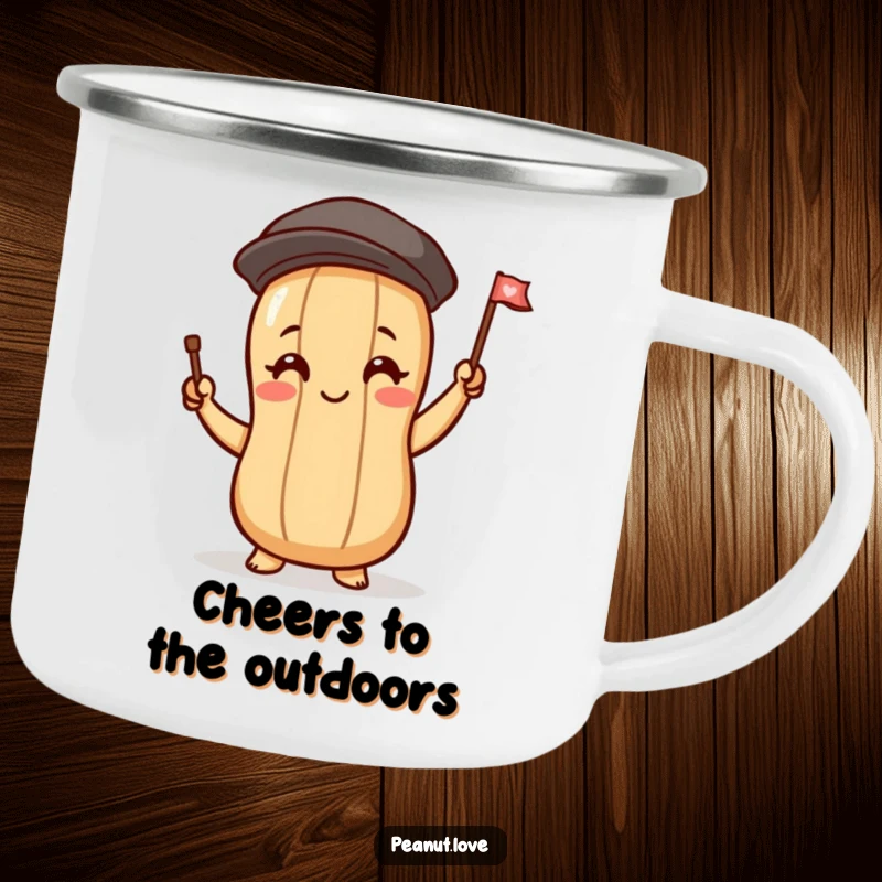 Funny camping mug featuring a peanut character blushing and waving a tiny flag, a cheerful companion for outdoor adventures.