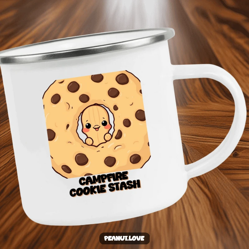 Funny camping mug with a peanut character peeking from behind a chocolate chip cookie, a humorous and practical outdoor companion.