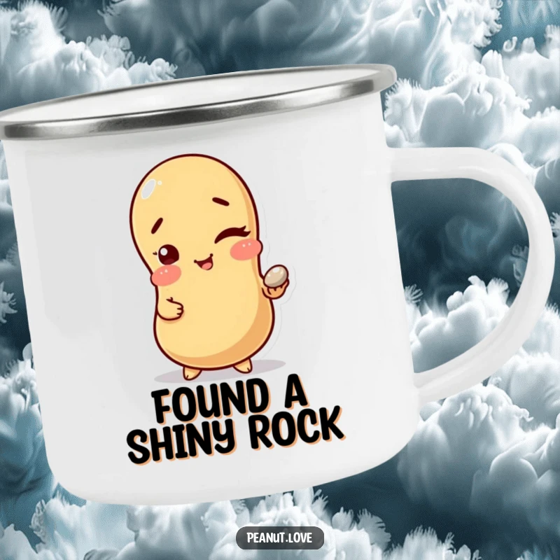 Funny Witty Peanut Camping Mug: A winking peanut holding a shiny pebble, ready for funny, mischievous, and rugged outdoor sips.