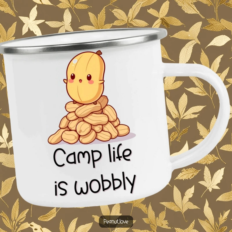 Funny camping mug with a bewildered peanut balancing on a wobbly stack of peanuts, for humorous outdoor enjoyment.