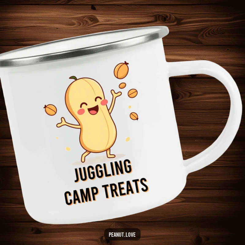 Funny camping mug showing a playful peanut character juggling nuts, perfect for nutty outdoor moments.