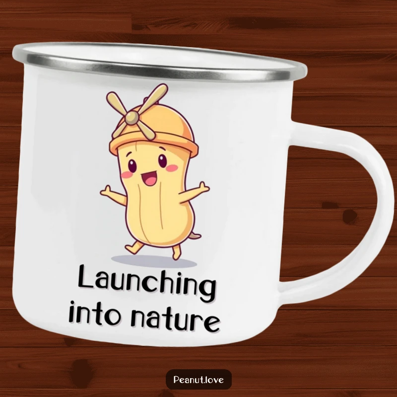 Funny camping mug showing a peanut character with a propeller hat, humorously attempting to fly during expeditions.