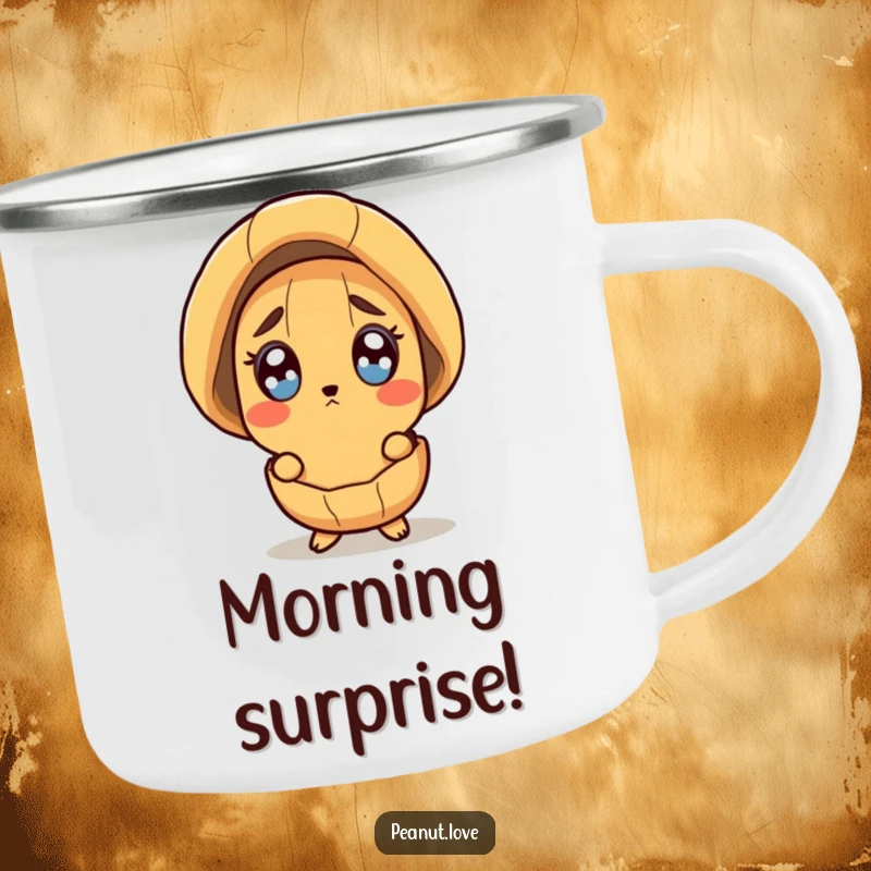 Funny camping mug with a surprised peanut character peeking out of its shell with wide eyes.