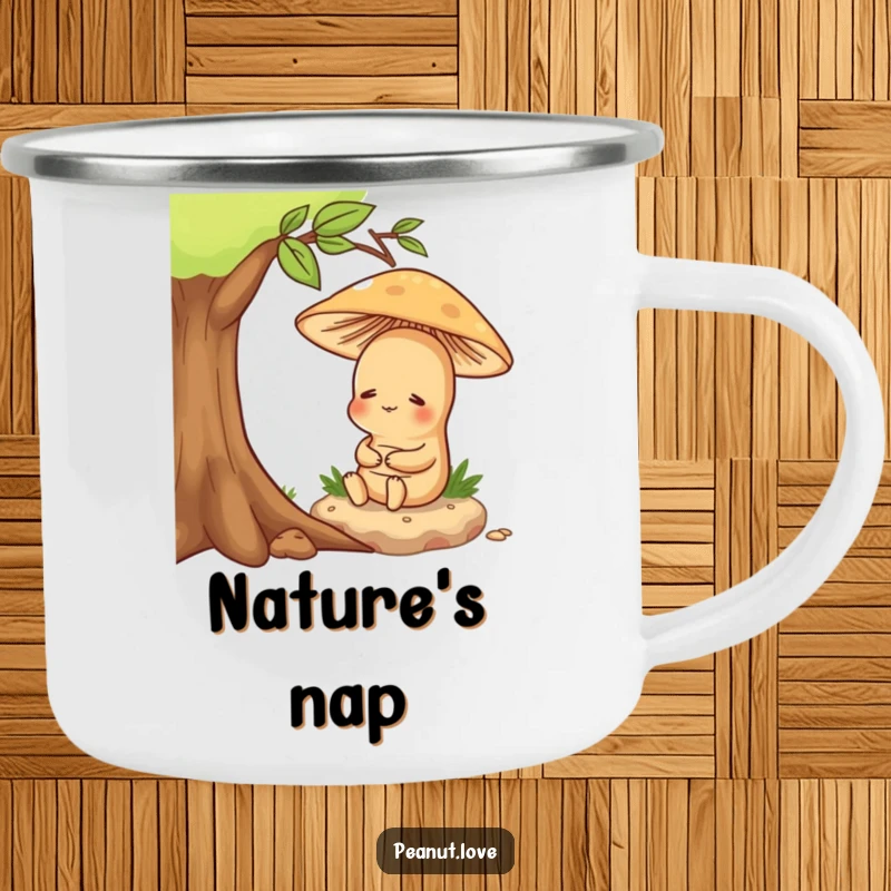 Funny camping mug showing a content peanut character sitting peacefully under a mushroom, perfect for tranquil outdoor moments.