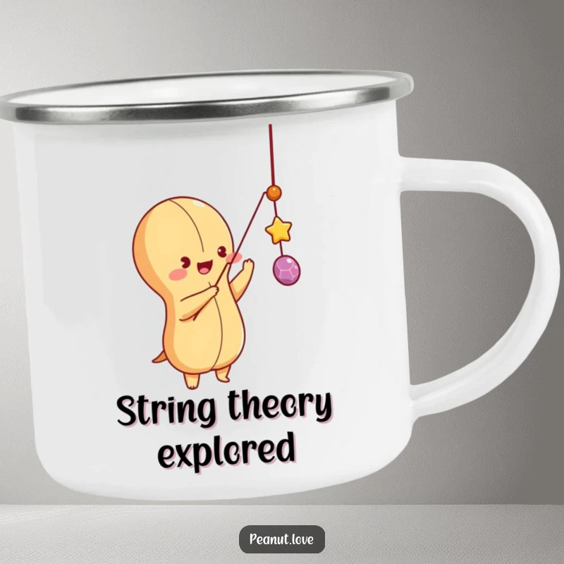 Funny peanut character batting at a dangling string with enthusiasm, on a durable camping mug, outdoor playfulness.