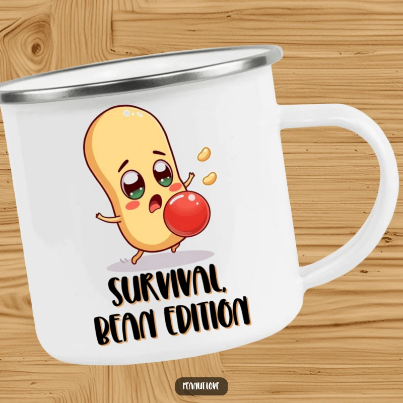 Funny surprised peanut camping mug featuring a character comically dodging a giant jelly bean, perfect for outdoor alerts, a funny gift.
