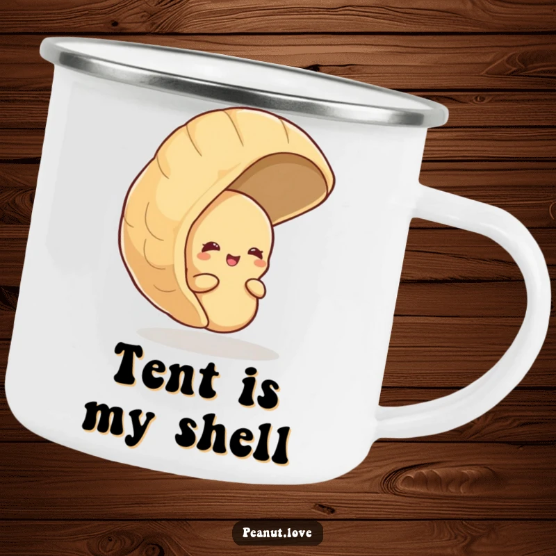 Funny camping mug with a shy peanut peeking from behind a large peanut shell, giggling, for humorous outdoor enjoyment.