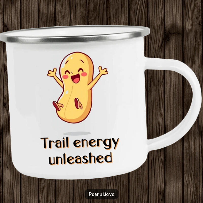 Funny camping mug showing a happy peanut character kicking its legs with energy, ideal for outdoor enthusiasts.
