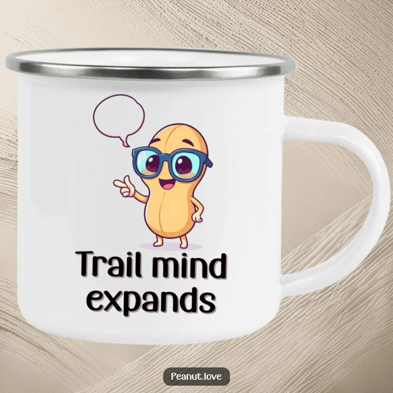 Funny camping mug with a peppy peanut in oversized glasses, pointing to a thought bubble, suggesting smart ideas in the wild.