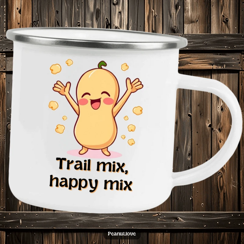 Funny Giggling Peanut Camping Mug: A happy peanut giggling with arms up, amid popcorn. Durable and funny gift.