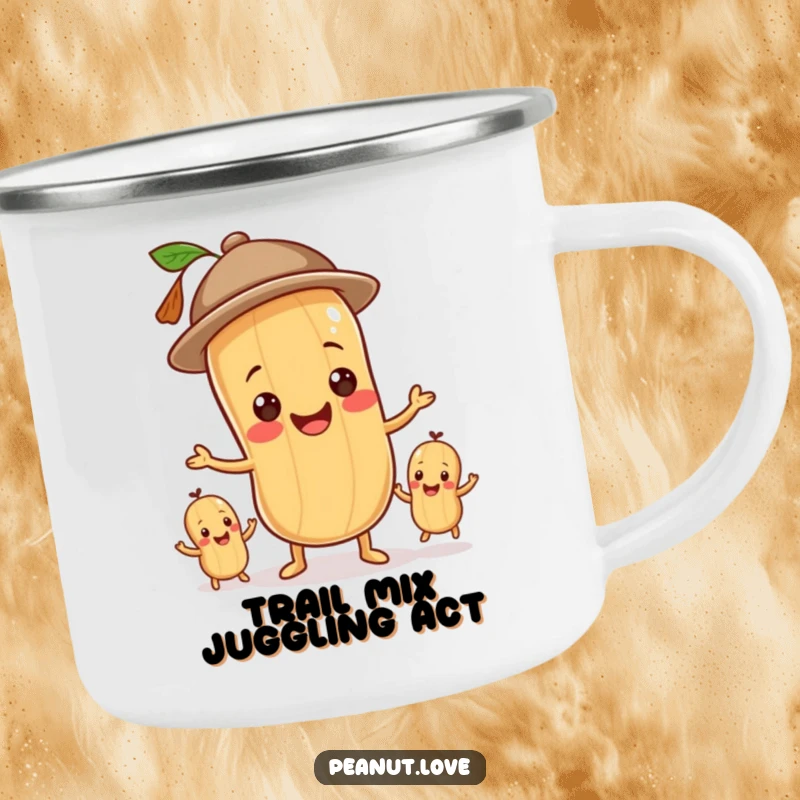 Funny camping mug with a peanut character in a hat juggling peanuts, perfect for outdoor enthusiasts.