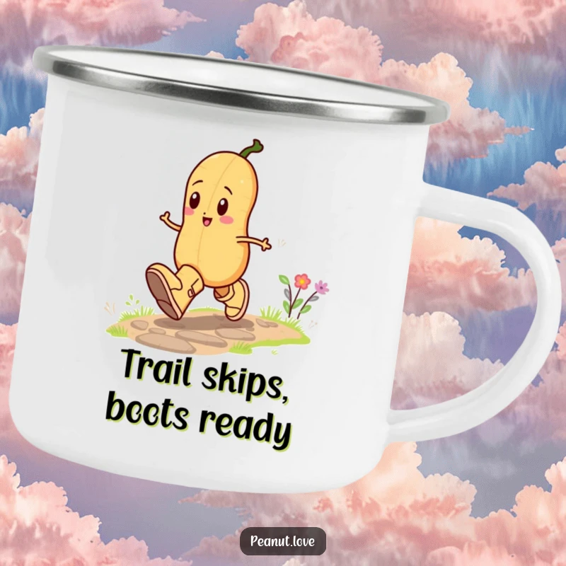 Funny camping mug showcasing a happy peanut character skipping joyfully in oversized boots, perfect for adding humor and cheer to any outdoor activity.
