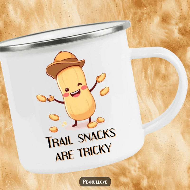 Funny camping mug with a tiny peanut wearing a hat, juggling peanuts with a wide grin, for outdoor amusement.