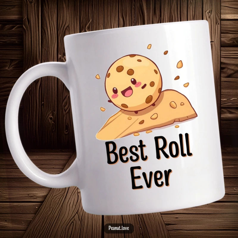 Funny cookie character joyfully rolling down a crumb-filled hill on a humorous mug, perfect for gifting.