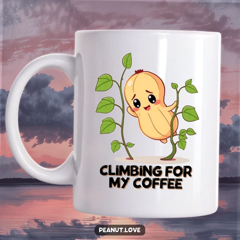 Funny determined peanut character mug, showing grit while climbing a comically tiny vine.