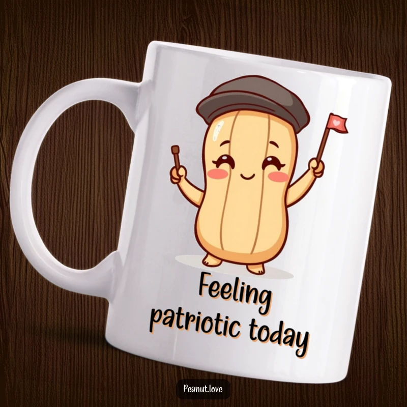 Funny mug featuring a peanut character with rosy cheeks, happily waving a small, colorful flag, symbolizing cheerful greetings.