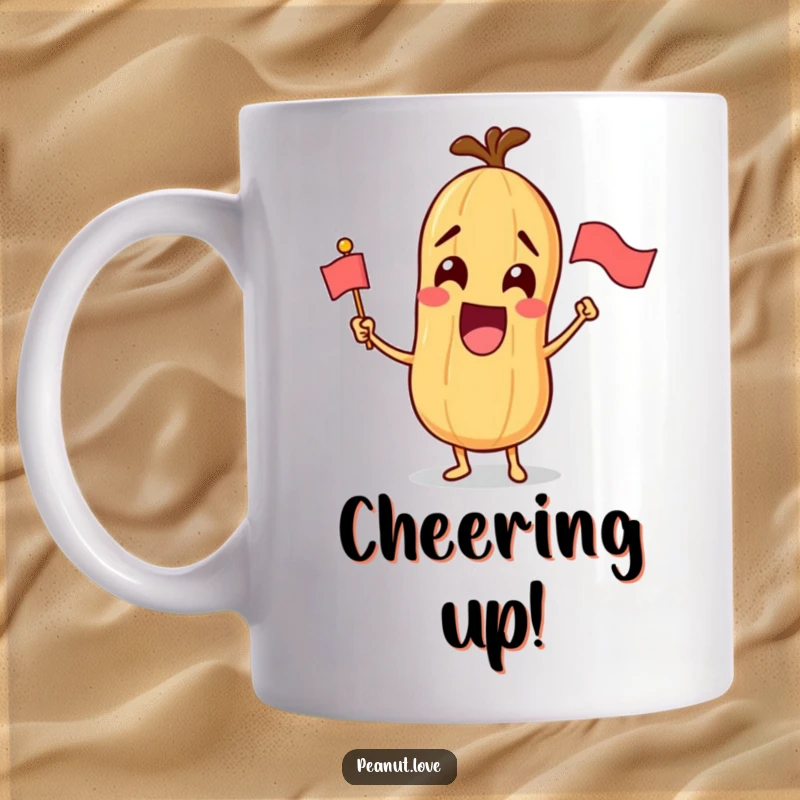 Funny mug showing an excited anthropomorphic peanut character joyfully waving a small, colorful flag.
