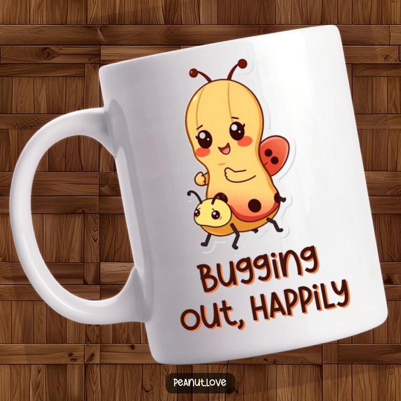 Funny mug featuring a kawaii peanut character cheerfully riding a ladybug, symbolizing fun and adventure; a perfect gift.