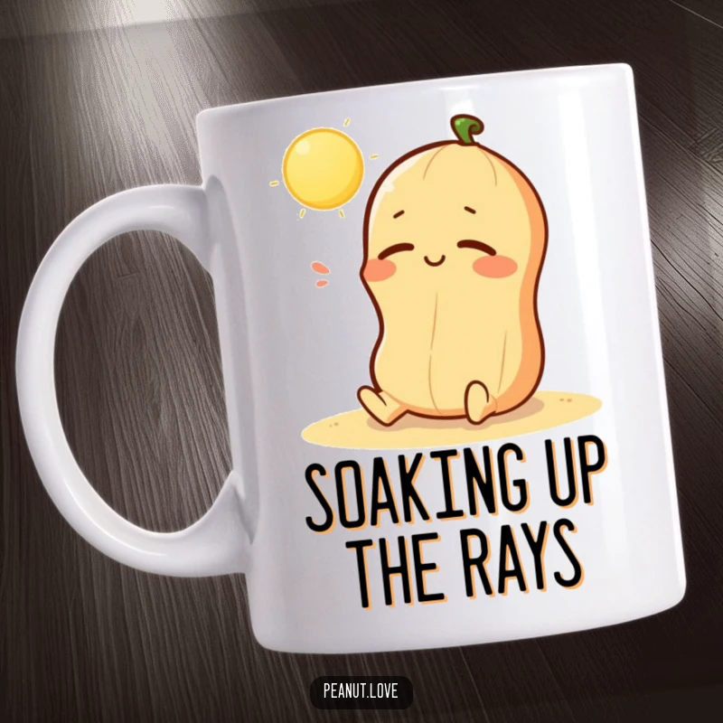 Funny mug featuring a kawaii peanut character blissfully basking in the sun with closed eyes and a happy sigh; a gift.