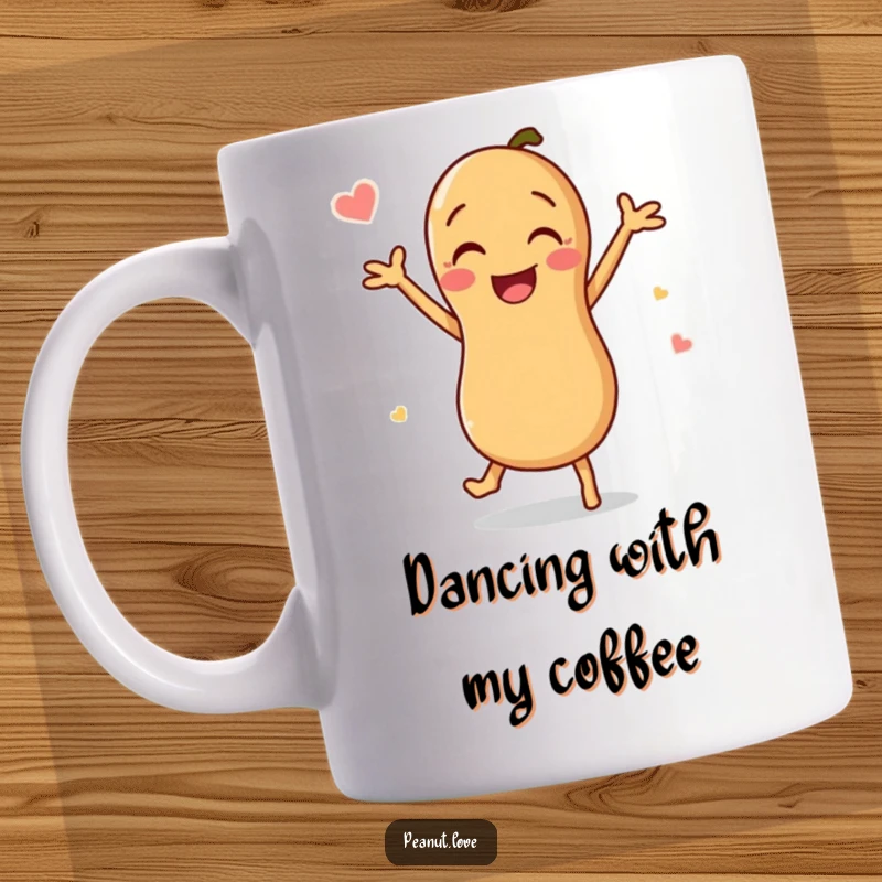 Funny Peanut Mug: A happy peanut character is captured mid-dance, performing a joyful little jig with infectious energy.
