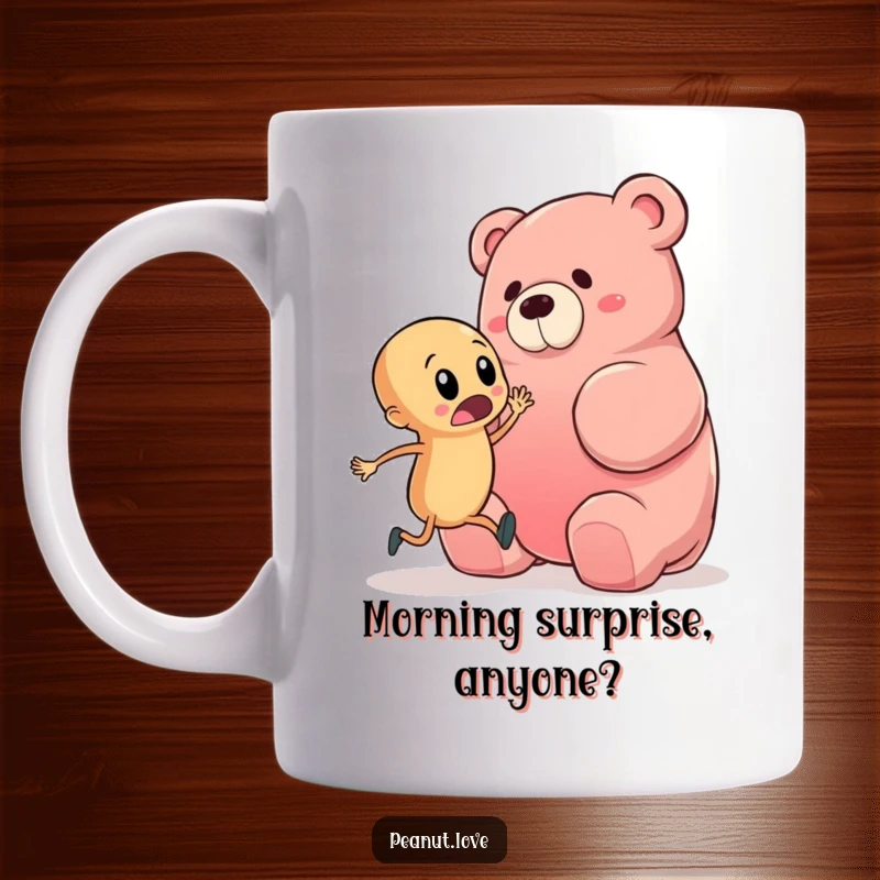 Funny mug showing a startled peanut character about to trip over a giant gummy bear, capturing a moment of comical surprise and near-disaster.