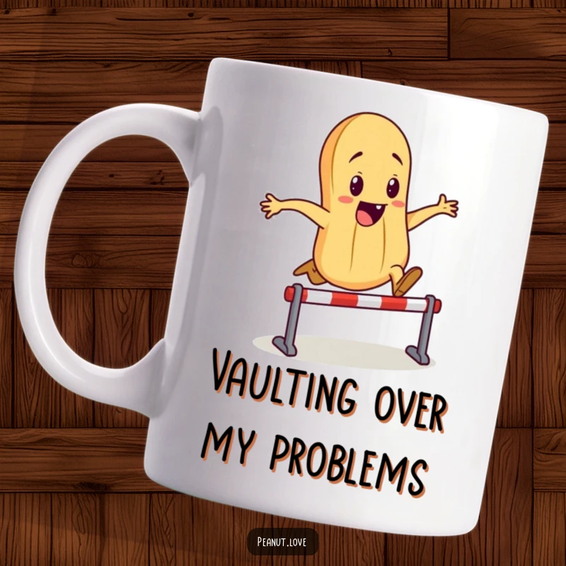 Funny mug featuring an energetic anthropomorphic peanut character mid-leap over a tiny hurdle, showcasing determination and humor.