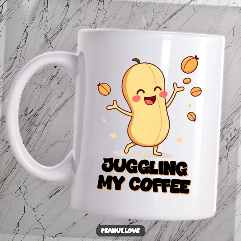 Funny mug with a playful peanut character joyfully juggling smaller nuts, showcasing nutty skill and delightful entertainment.