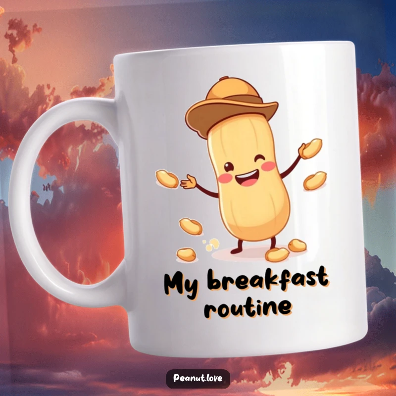 Funny mug featuring a tiny peanut wearing a jaunty hat, joyfully juggling smaller peanuts with a wide, infectious grin.