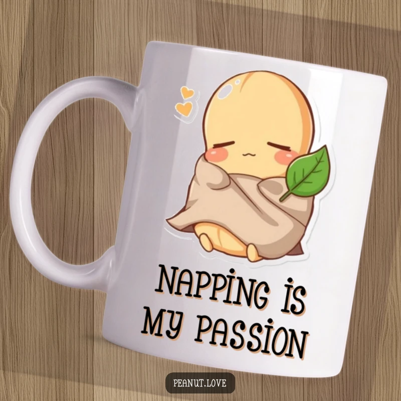 Funny Peanut Mug: A sleepy peanut character is comically bundled up, using a tiny leaf as a blanket, looking utterly exhausted.