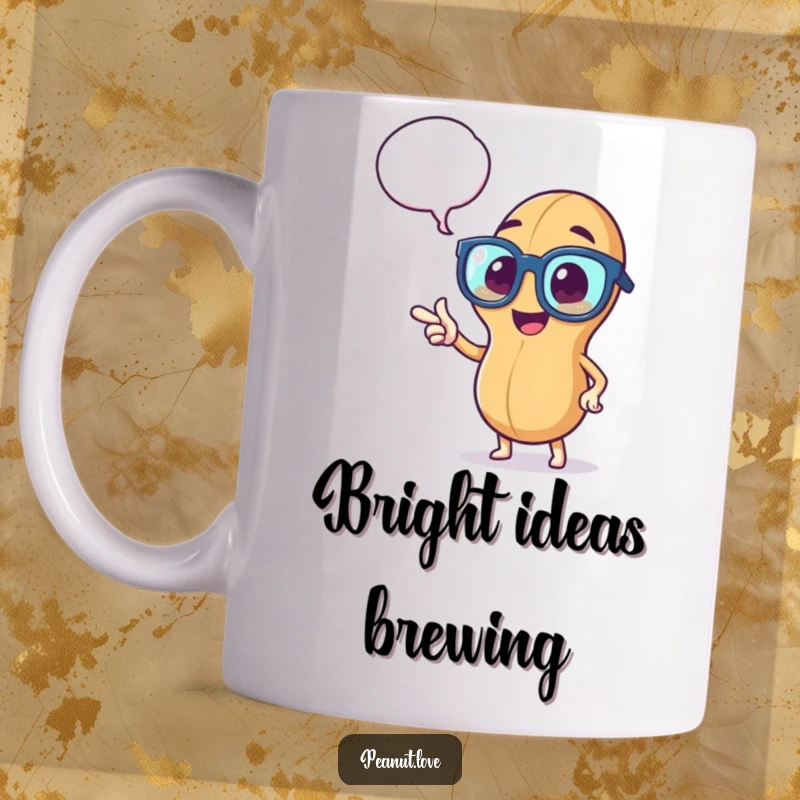 Funny mug showing a peppy peanut wearing oversized glasses, enthusiastically pointing towards a thought bubble with a clever idea.