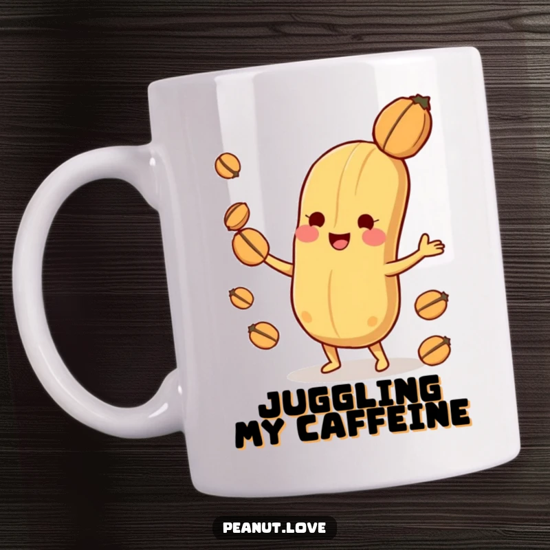 Funny playful peanut character mug, joyfully juggling smaller nuts with great delight and skill.