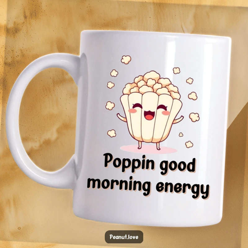 Funny mug featuring a surprised popcorn kernel character mid-pop, scattering kernels everywhere.