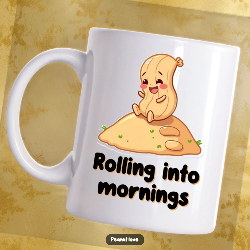 Funny peanut character giggling as it rolls enthusiastically down a small hill on a mug, pure joy design.