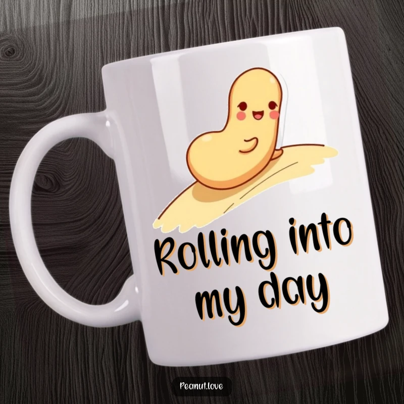 Funny mug depicting a playful peanut character happily rolling down a gentle slope with a joyful expression.