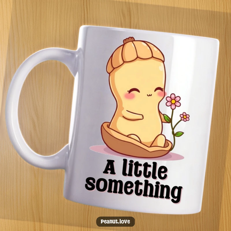 Funny shy peanut character peeking from its shell, offering a small flower with a bashful expression on a mug.