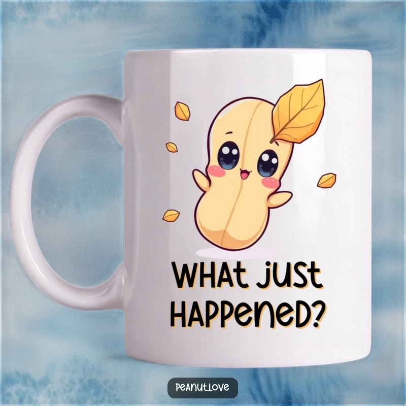 Funny kawaii peanut character mug with wide eyes looking surprised by a single falling leaf, embodying autumn wonder.