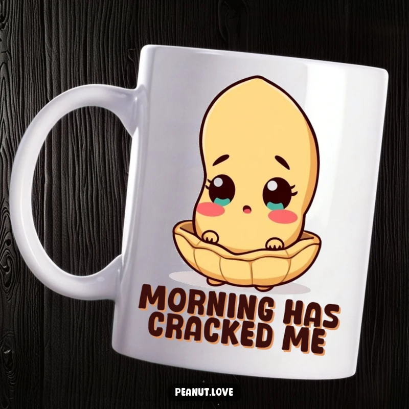 Funny peanut character with shell ajar, peeking out in surprise on a mug, adorable and humorous design.