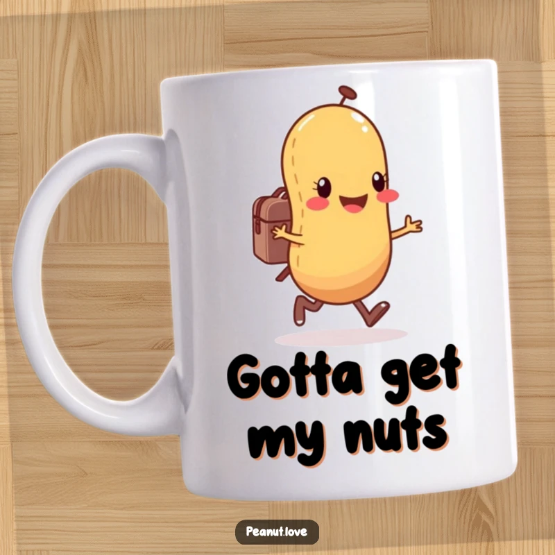 Funny anthropomorphic peanut character mug joyfully skipping with a small backpack, embodying upbeat travel and fun.
