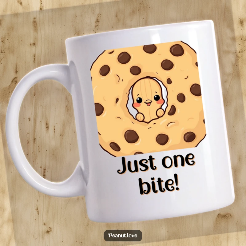 Funny mug showing a peanut character peeking mischievously from behind a huge chocolate chip cookie, a scene of sweet secrecy.