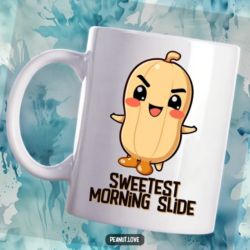 Funny Mug: Peanut Character with Mischievous Grin Sliding Down a Caramel Swirl, Evoking Fun and Adventure